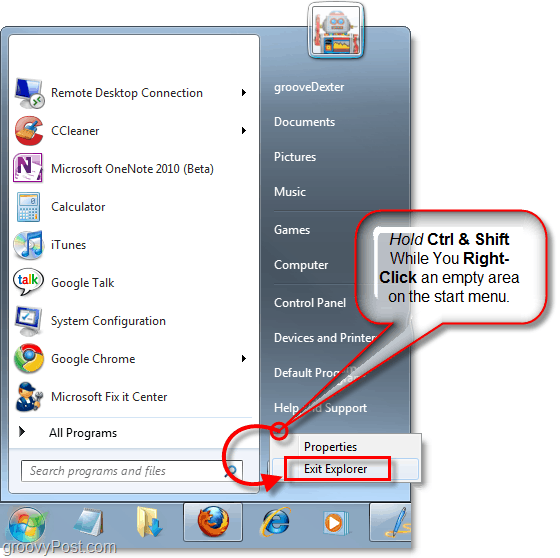 mantenha pressionadas as teclas e clique com o botão direito do mouse no menu Iniciar para sair do Explorer no Windows 7