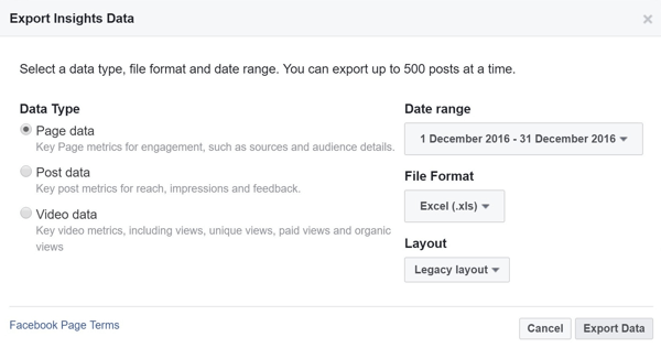 Escolha o tipo de dados, intervalo, formato de arquivo e layout para seus dados do Facebook Insights.