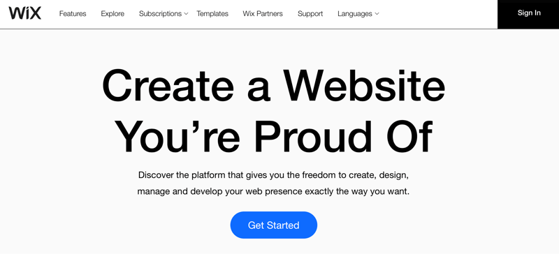 Wix.com headline 'Crie um site do qual você se orgulhe'