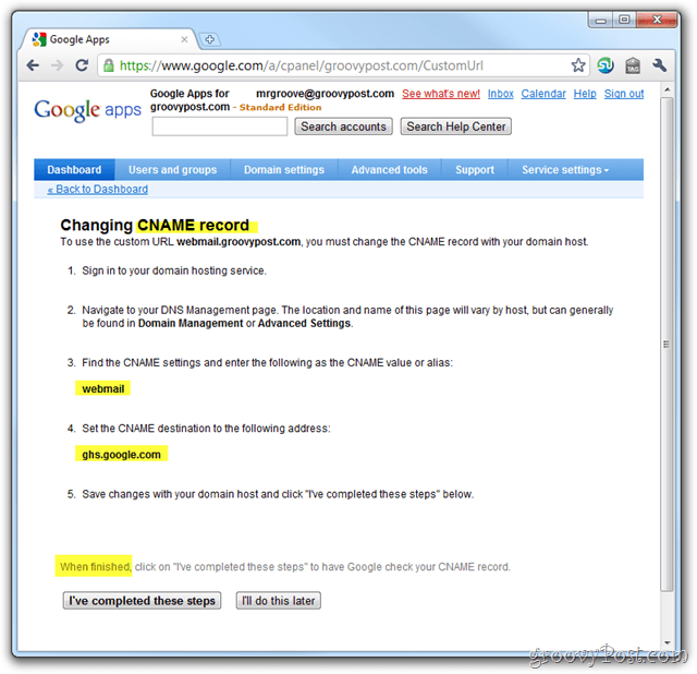 configuração de cname por e-mail do google apps