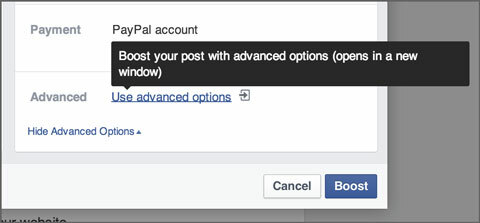 opções avançadas do Facebook em anúncios