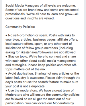 Aqui está um exemplo de regras de grupo do Facebook.