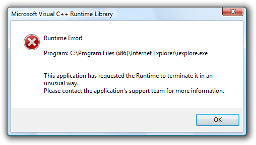 Biblioteca de Tempo de Execução do Microsoft Visual C ++ do Internet Explorer 8 (IE8): Erro de Tempo de Execução!