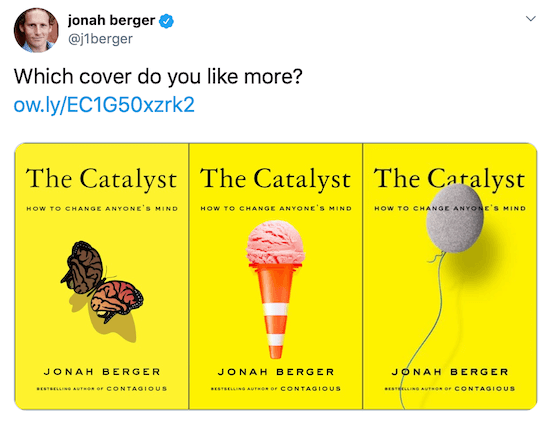 Jonah Berger tuitou com imagens de três possíveis capas de livro
