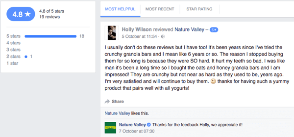 Um cliente da Nature Valley deixa uma avaliação do cliente na página da empresa no Facebook.
