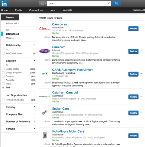 resultados da página da empresa no LinkedIn nos resultados da pesquisa no LinkedIn para carros