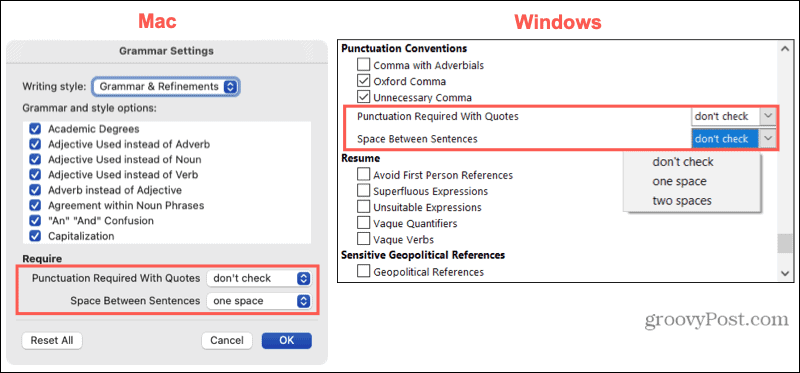 Configurações de pontuação no Mac e Windows