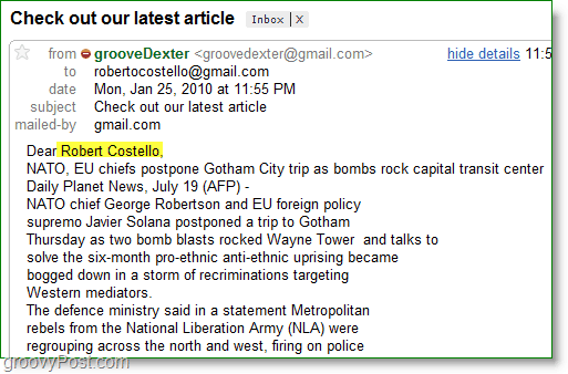 Captura de tela do Outlook 2010 - um exemplo de email em massa personalizado