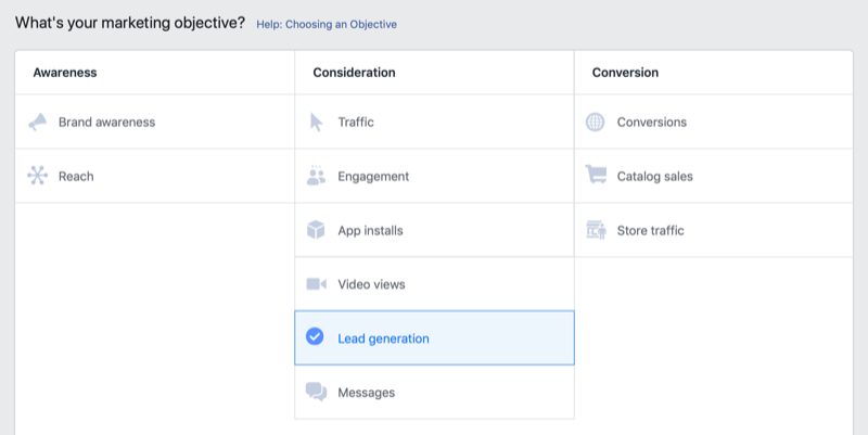 Objetivo de geração de leads do Facebook