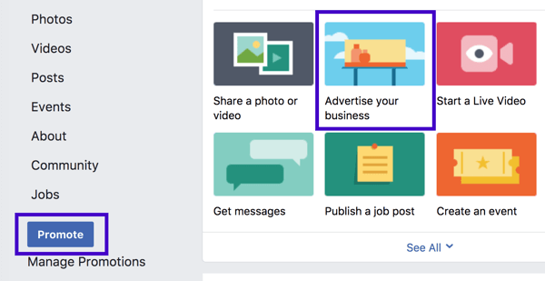 Você pode configurar uma promoção de negócios locais no Facebook na barra lateral esquerda ou nas opções de postagem da página.