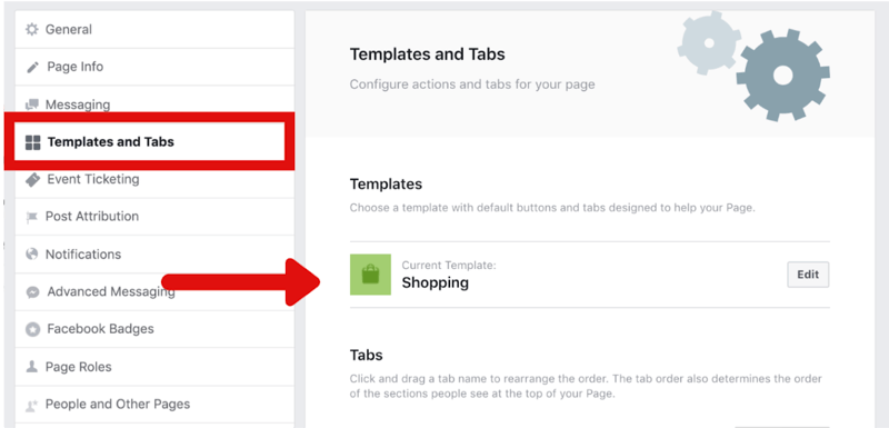 como alterar a página do Facebook para o modelo de compras em Configurações