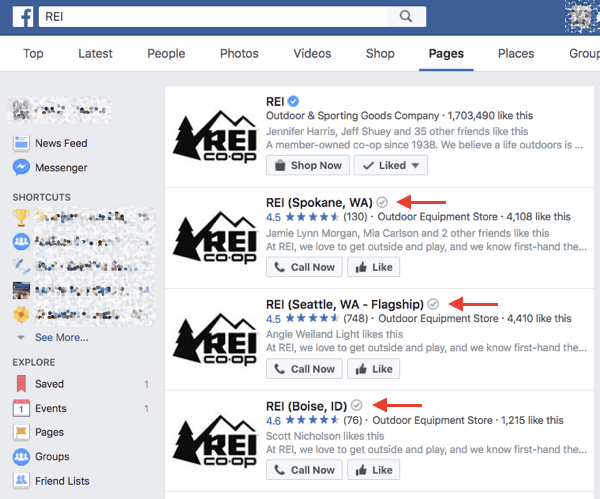 As empresas locais verificadas no Facebook recebem um crachá de verificação cinza ao lado do nome nos resultados da pesquisa e na página.