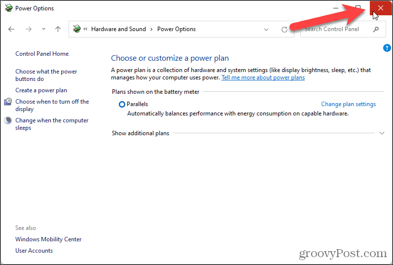 Feche a tela Opções de energia no Painel de controle do Windows 11