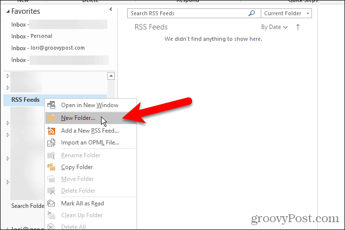 Selecione Nova pasta na pasta Feeds RSS no Outlook