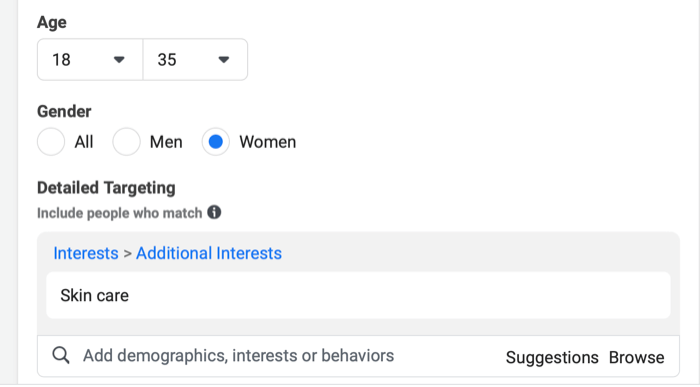 instagram novo menu de público da campanha com exemplos de idades, sexos e opções detalhadas de segmentação