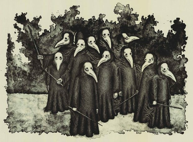 Método ilustrado de proteção contra a praga, que se espalhou na Idade Média, as pessoas impediram a propagação de bactérias com essas máscaras