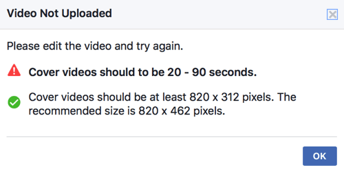 Se o seu vídeo de capa ainda não atende aos padrões técnicos do Facebook, você não poderá carregá-lo diretamente como o vídeo de capa de sua página.