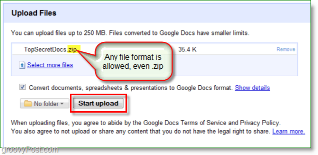 Captura de tela do Google Docs - enviou um zip