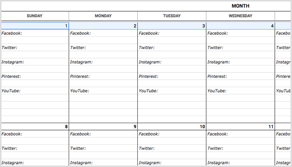 modelo de calendário de mídia social