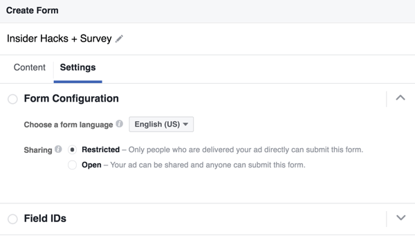 Você pode selecionar um idioma para seu formulário de lead do Facebook.