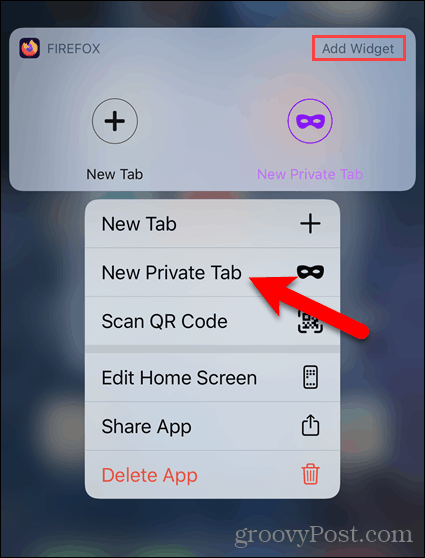 Pressione e segure o ícone do Firefox e selecione Nova guia privada no iOS