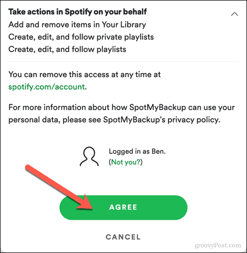 Aprovando o acesso do SpotMyBackup ao Spotify