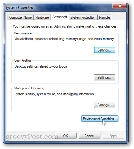 Variáveis ​​de ambiente do Windows 7