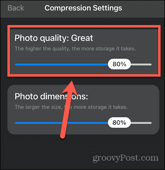 compactar configuração de qualidade do aplicativo de fotos