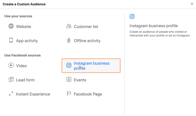selecione Instagram Business como fonte para público personalizado do Facebook