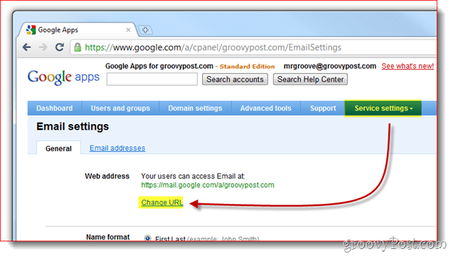 URL de alteração das configurações do serviço do Google Apps