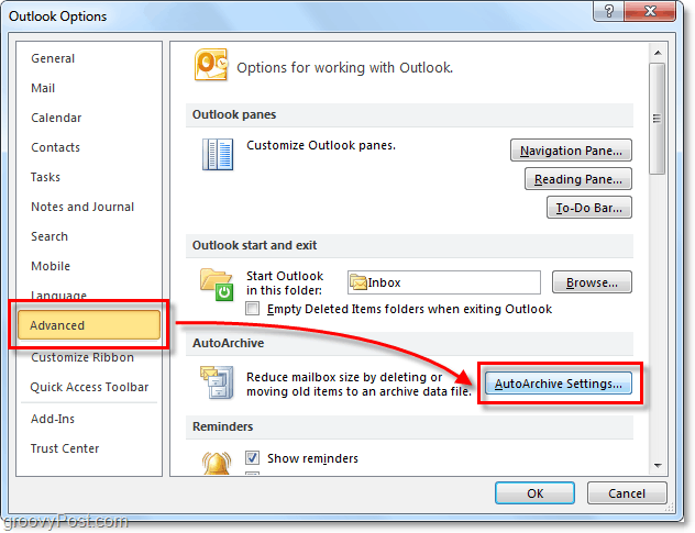 Avançado> Configurações de arquivamento automático no Outlook 2010