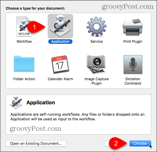Escolha Tipo de aplicativo no Automator para Mac