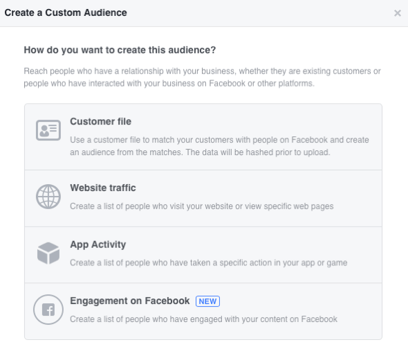Escolha entre quatro categorias de público personalizadas do Facebook.