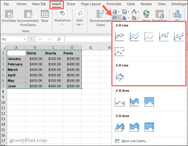 Clique em Inserir linha ou gráfico de área e escolha um estilo