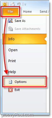 Arquivo> Opções no Outlook 2010