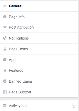 menu de configurações das páginas do facebook