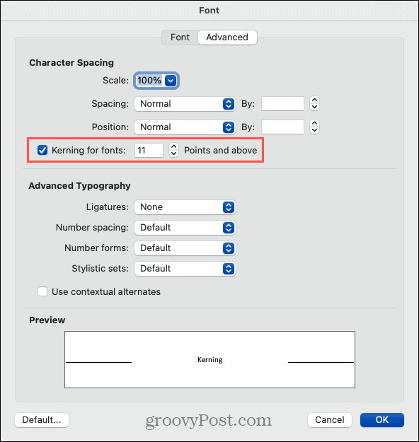 Habilitar Kerning no Word no Mac