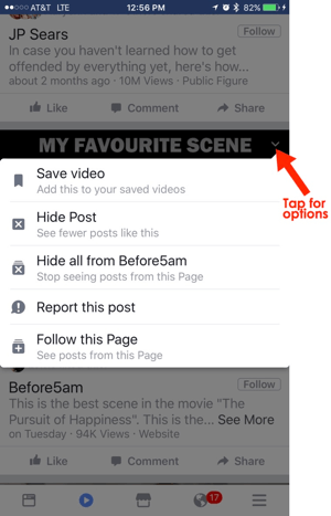 opções de uso da guia de vídeo do Facebook para celular