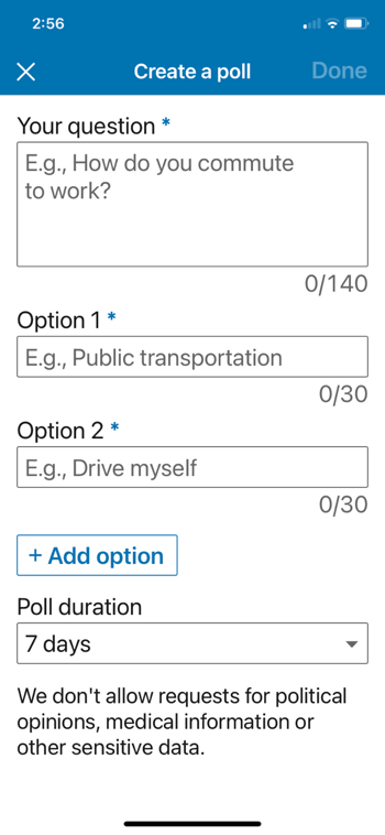 exemplo LinkedIn criar um menu de enquete com a opção de adicionar uma pergunta, especificar as opções 1 e 2 e adicionar opções adicionais juntamente com a definição de uma duração para a enquete