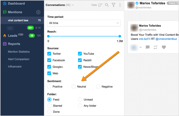 Filtre as menções à marca quanto a sentimentos negativos, positivos e neutros no Awario.