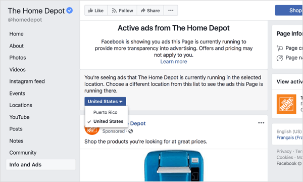 Selecione uma região no menu suspenso para ver todos os anúncios que a página do Facebook está exibindo atualmente, seja globalmente ou em um país específico.