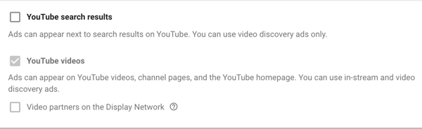 Como configurar uma campanha de anúncios do YouTube, etapa 11, definir opções de exibição na rede