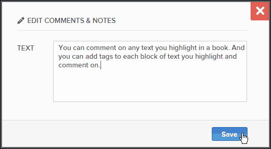 Caixa de diálogo Editar Comentários e Notas na interface da web do BookFusion