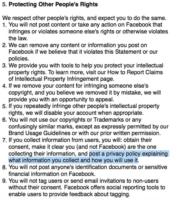 Termos do Facebook que descrevem os requisitos da política de privacidade.