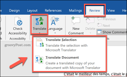 Opções para traduzir um documento do Word