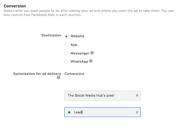 opção de selecionar um evento potencial para sua otimização de meta de conversão no gerenciador de anúncios do Facebook