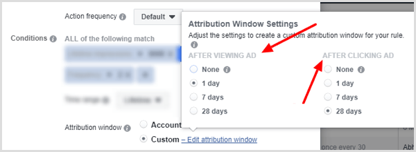 Opções de configuração da janela de atribuição ao configurar a condição para a regra do Facebook