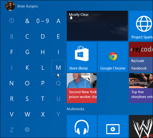 aplicativos pela primeira letra Windows 10 Start