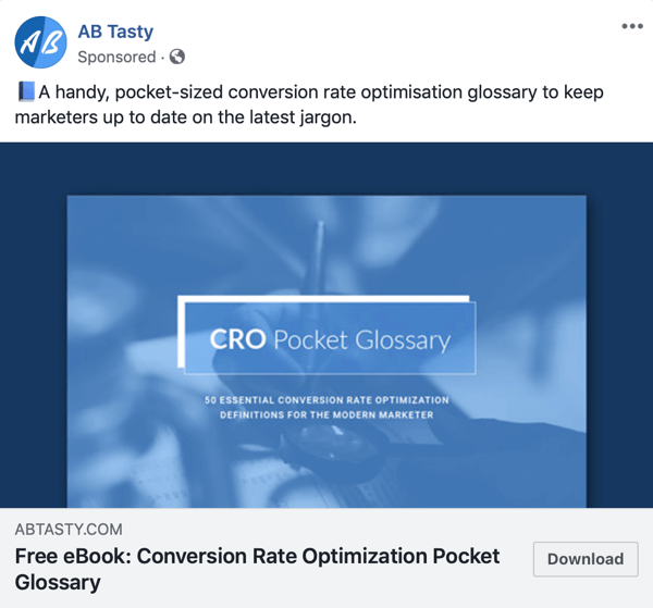 Técnicas de anúncios do Facebook que fornecem resultados, por exemplo, da AB Tasty, que oferece conteúdo gratuito