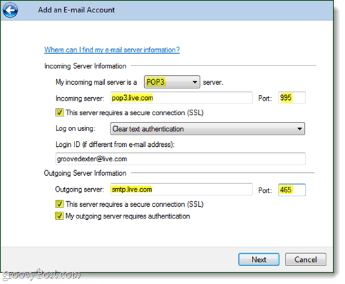 Windows Live Mail https configurações da conta de e-mail